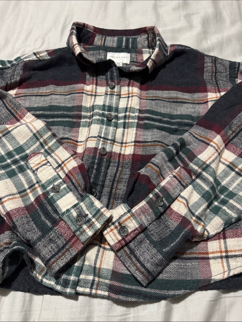 American Eagle Plaid Flannel Shirt in Green and Burgundy - Picture 3 of 6